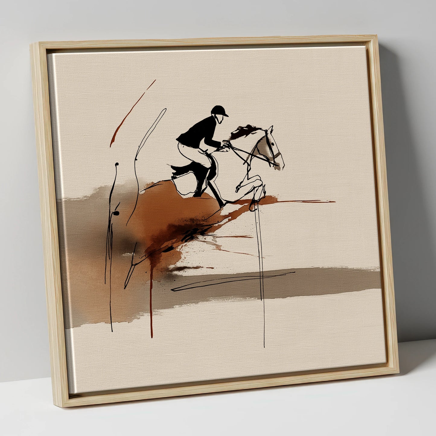 Dynamic Suspension show jumping horse canvas wall art in natural frame
