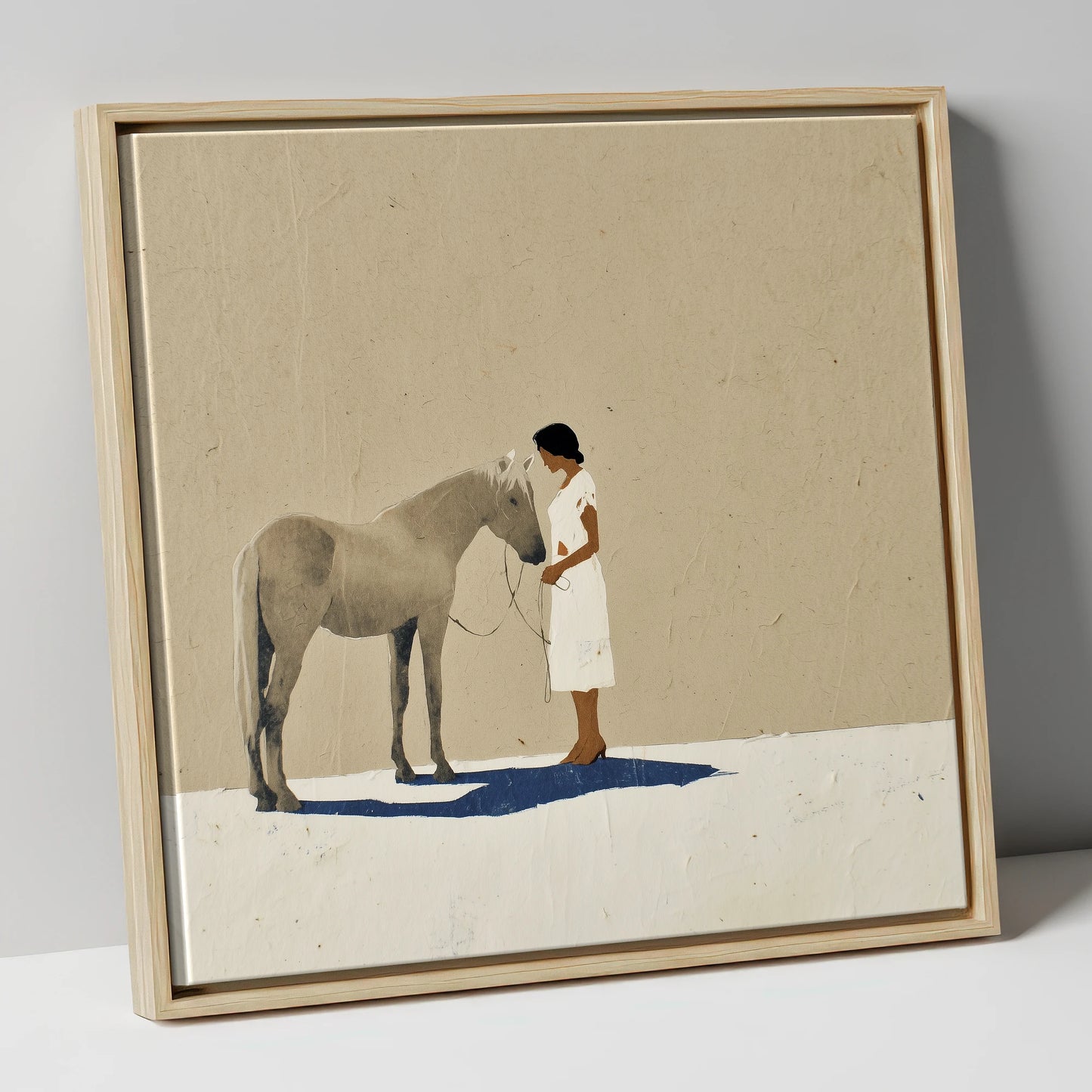 The Quiet Exchange horse & rider canvas wall art in natural frame