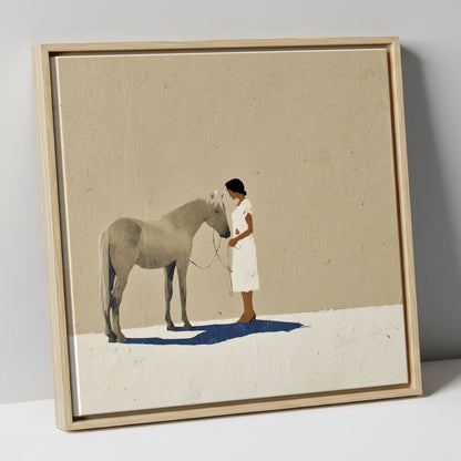 The Quiet Exchange horse & rider canvas wall art in natural frame