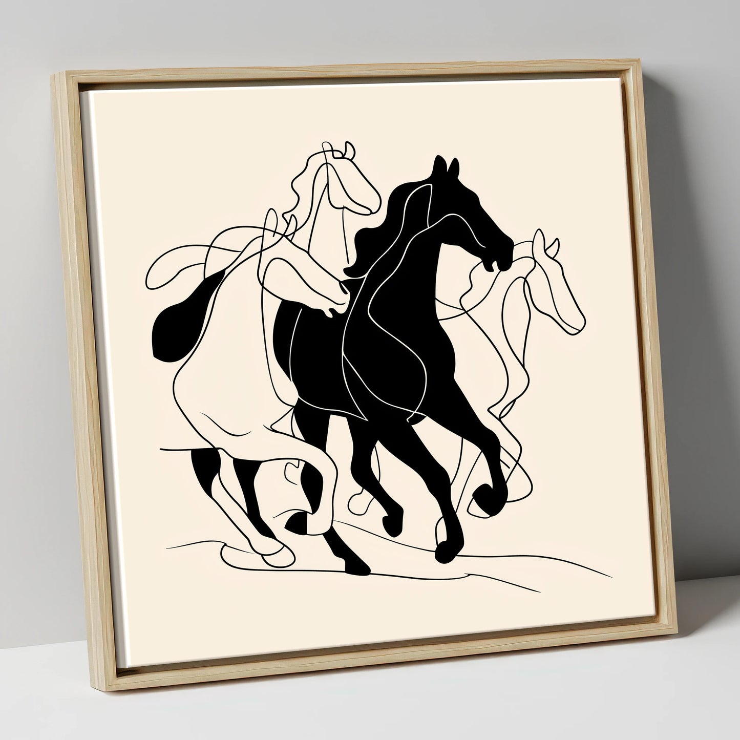 Fluid Equine Silhouette wild horses canvas wall art in natural frame