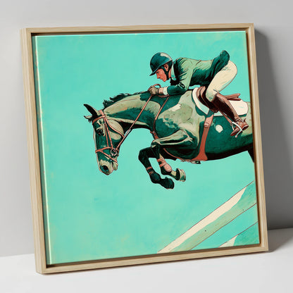 Mid-Air Mastery show jumping horse canvas wall art in natural frame