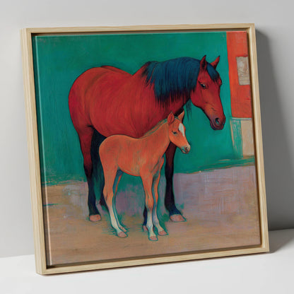 Crimson Mare and Foal mare & foal canvas wall art in natural frame