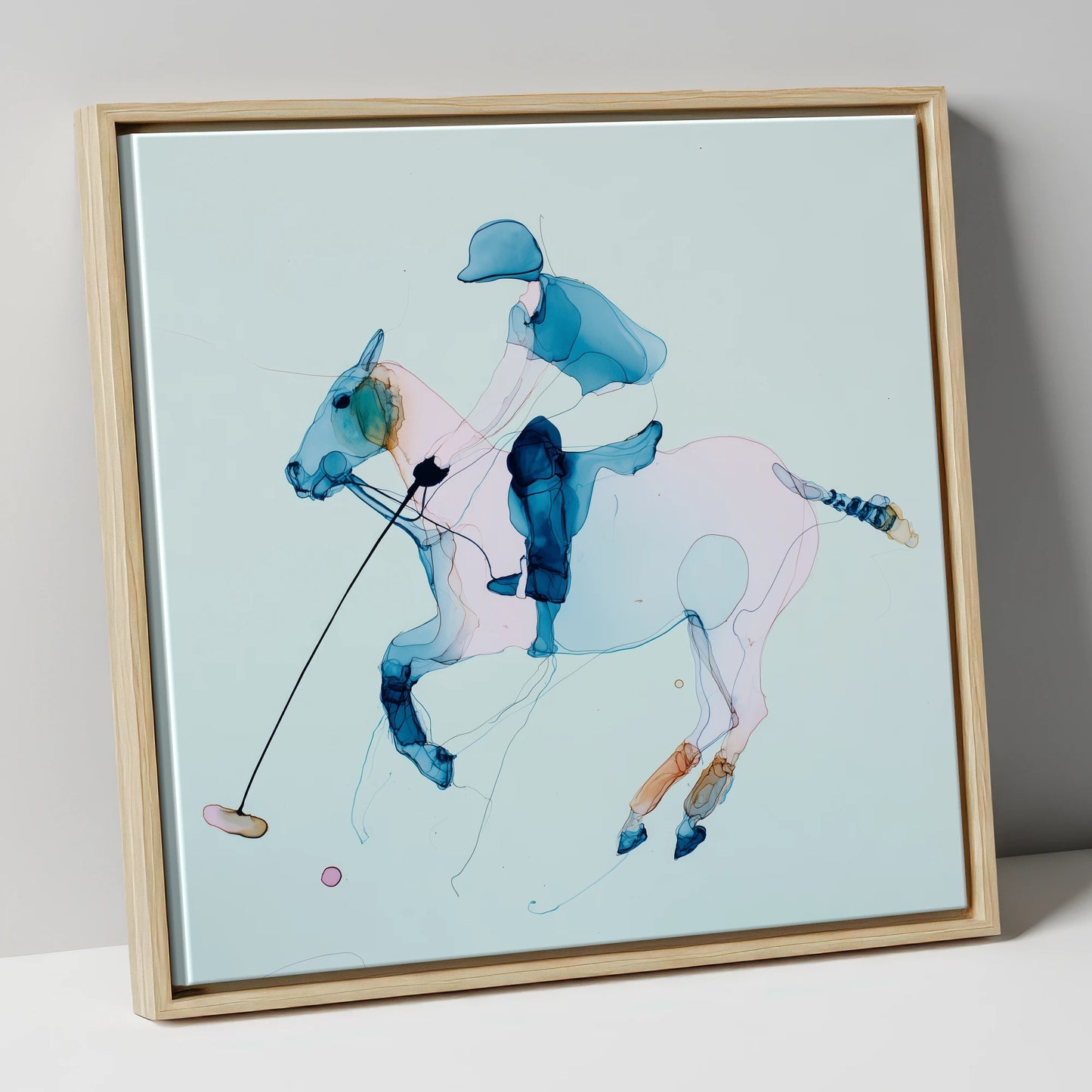 Ethereal Polo Strike polo horse canvas wall art in natural frame