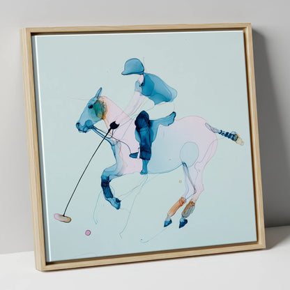 Ethereal Polo Strike polo horse canvas wall art in natural frame
