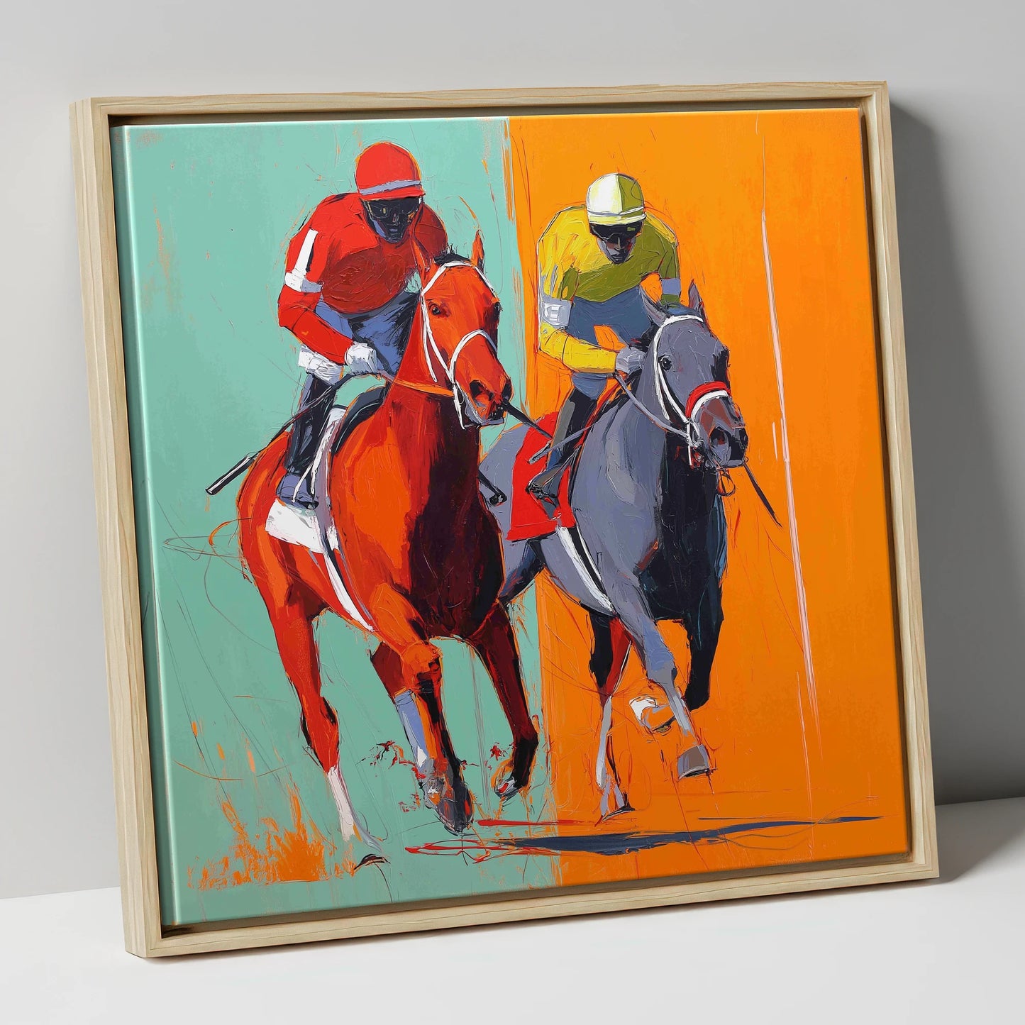Neck and Neck racing horse canvas wall art in natural frame