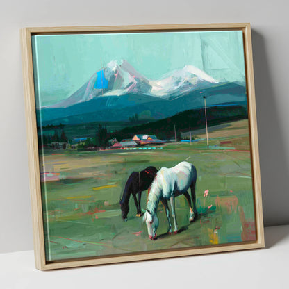 Companions Beneath the Peak horse landscape canvas wall art in natural frame