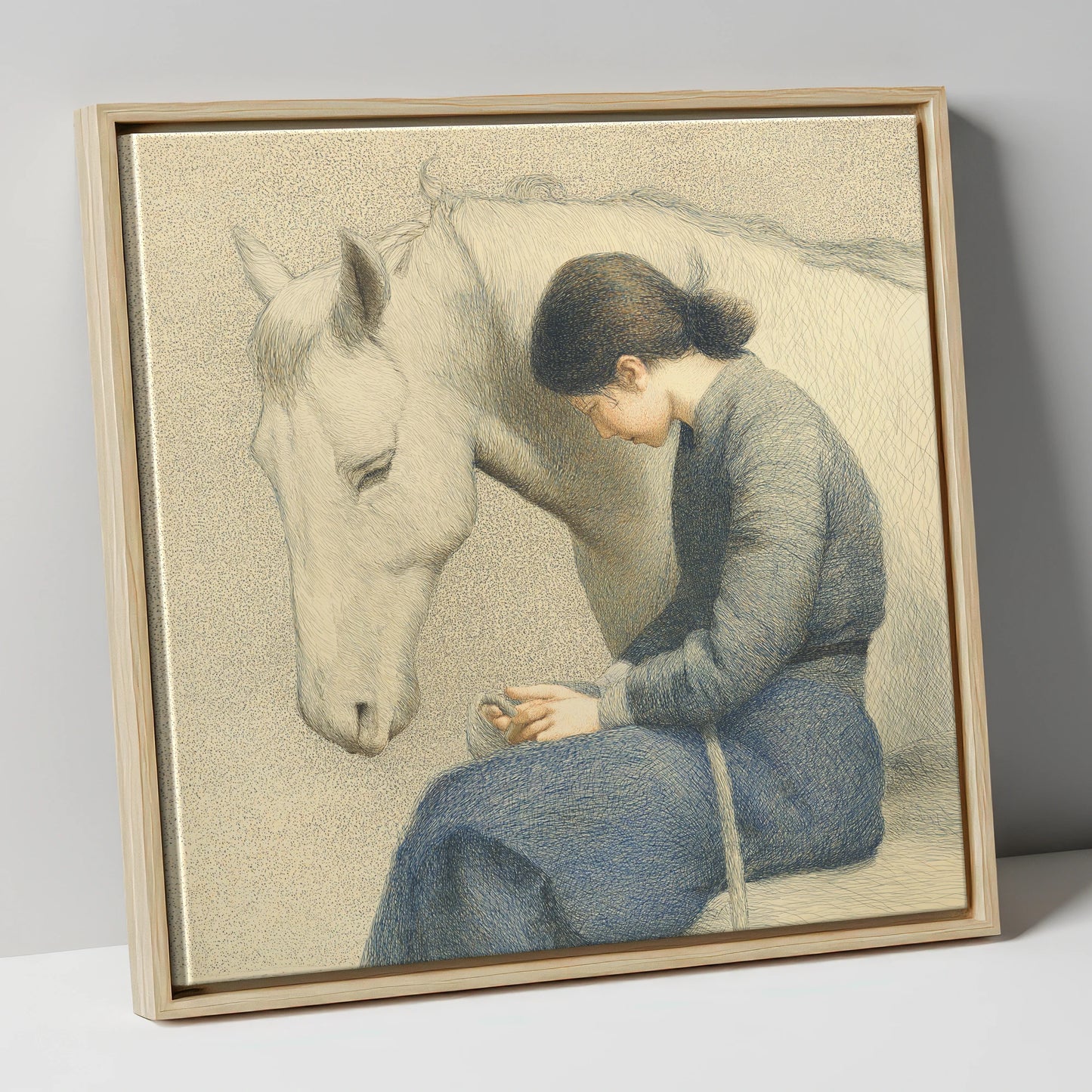 Solace in Stillness horse & rider canvas wall art in natural frame