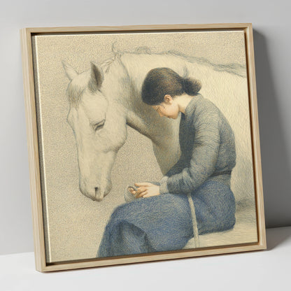 Solace in Stillness horse & rider canvas wall art in natural frame