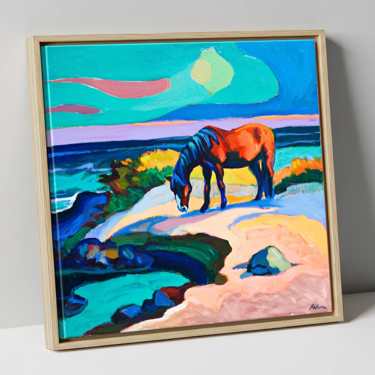 Vibrant Coastal Graze horse landscape canvas wall art in natural frame