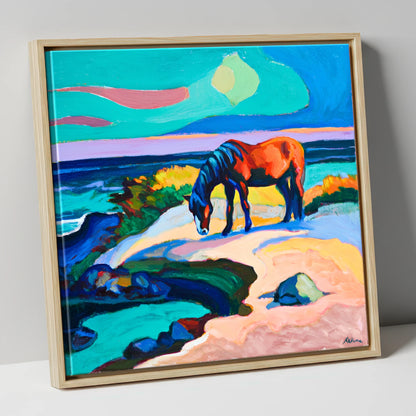 Vibrant Coastal Graze horse landscape canvas wall art in natural frame