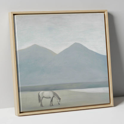 Solitary Mountain Grazing horse landscape canvas wall art in natural frame