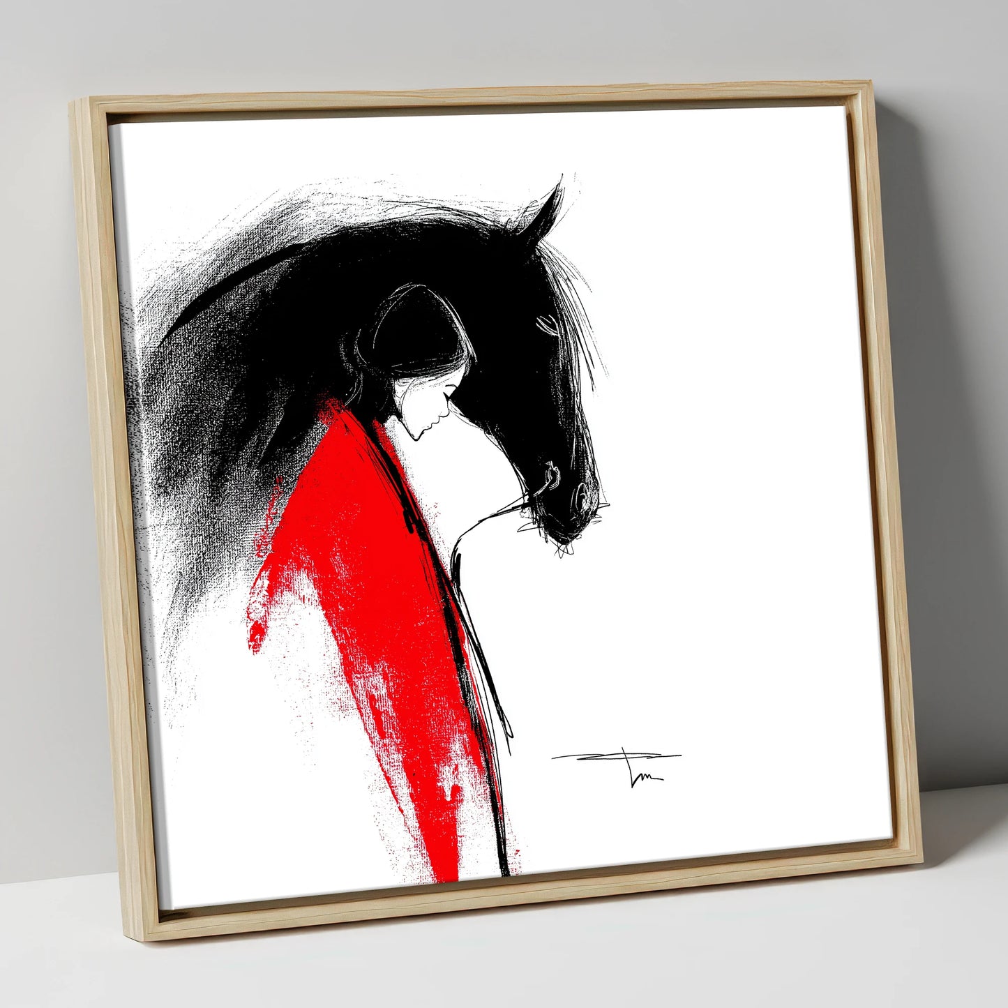 Crimson Connection horse & rider canvas wall art in natural frame