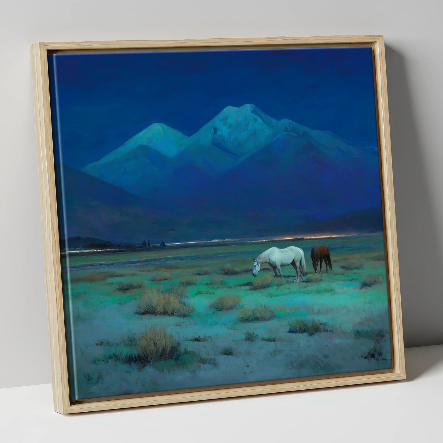 Indigo Night Pasture horse landscape canvas wall art in natural frame