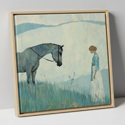 Gentle Regard horse & rider canvas wall art in natural frame