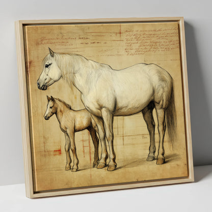 Heritage Mare and Foal Sketch mare & foal canvas wall art in natural frame
