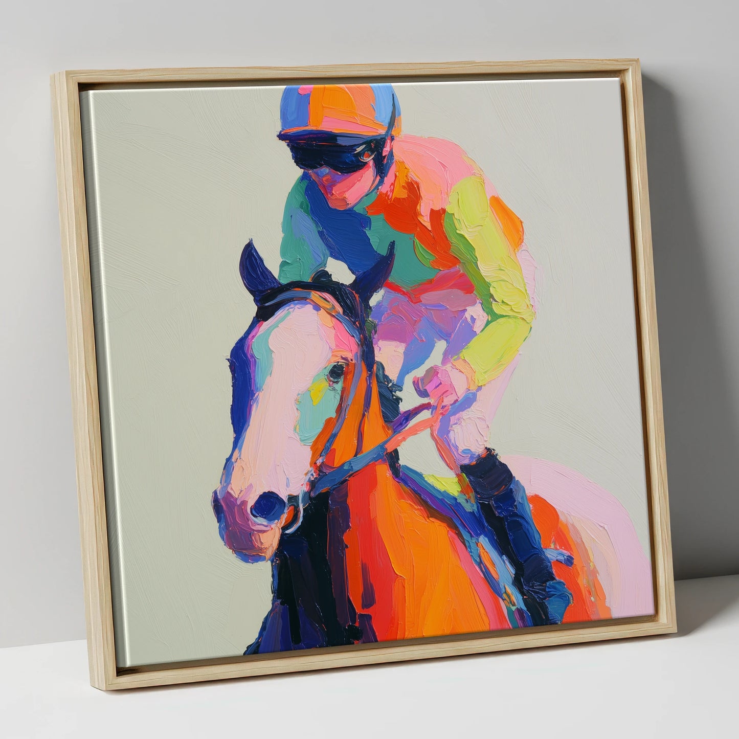 The Vibrant Sprint racing horse canvas wall art in natural frame