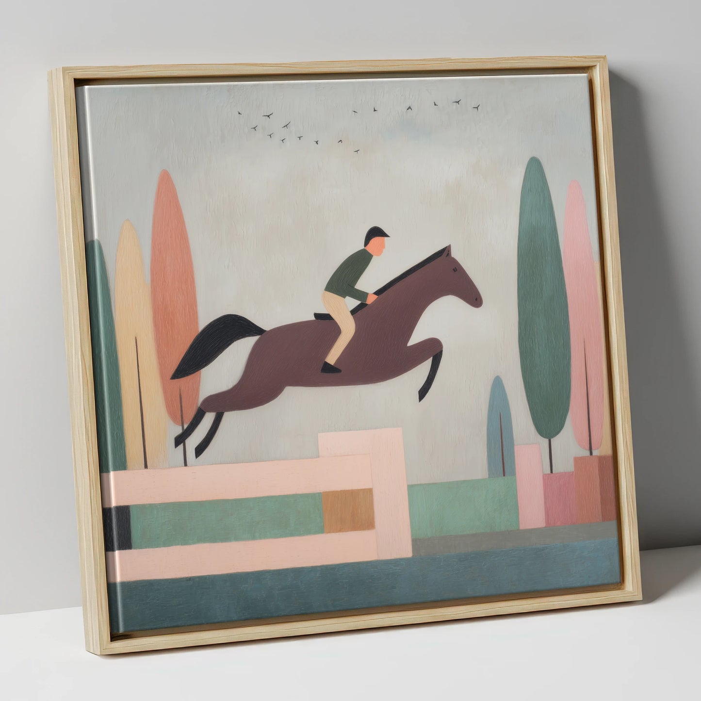 Nostalgic Clear Round show jumping horse canvas wall art in natural frame