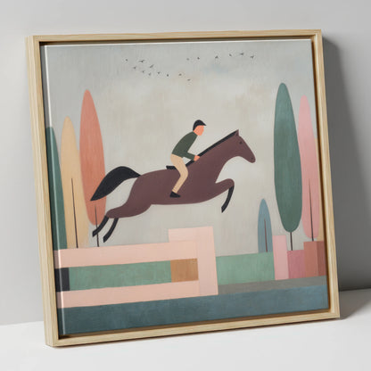 Nostalgic Clear Round show jumping horse canvas wall art in natural frame