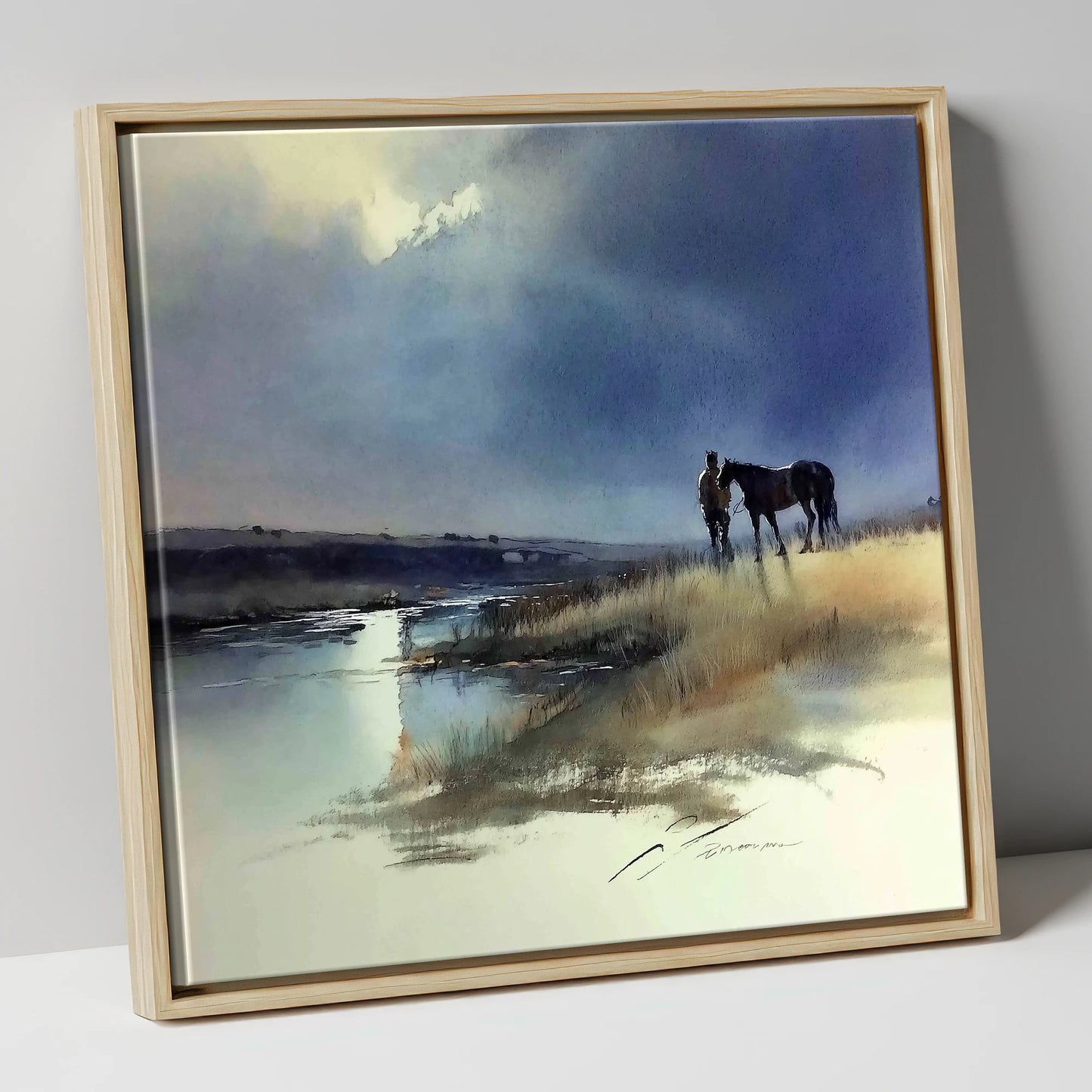 Storm Light Companions horse & rider canvas wall art in natural frame