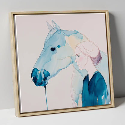 Cerulean Soulmates horse & rider canvas wall art in natural frame