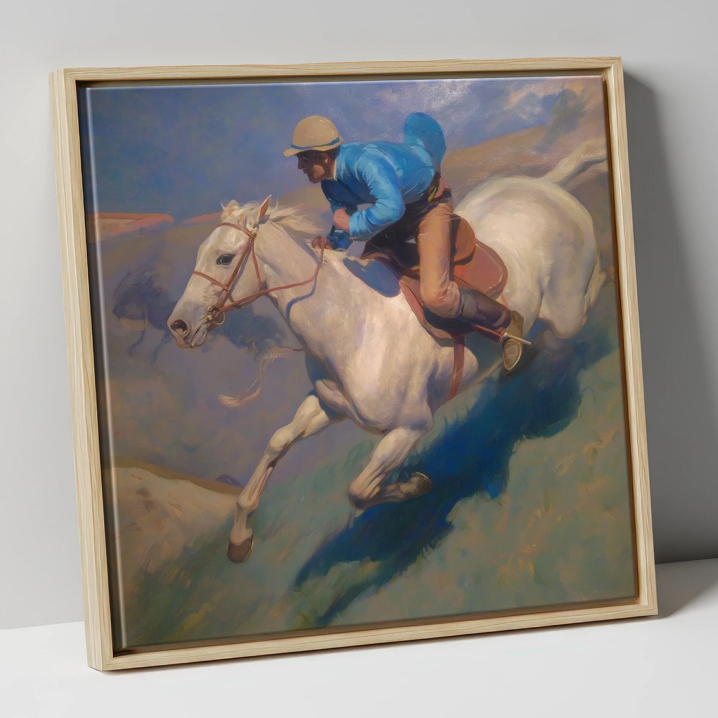 Cerulean Gallop racing horse canvas wall art in natural frame