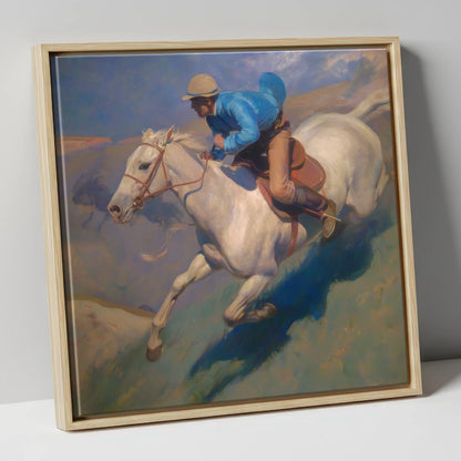 Cerulean Gallop racing horse canvas wall art in natural frame