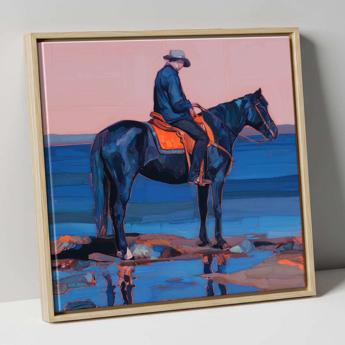 Indigo Shoreline Rider beach horse canvas wall art in natural frame