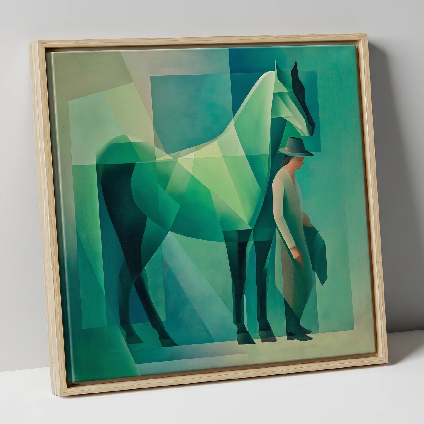 Emerald Geometry horse & rider canvas wall art in natural frame