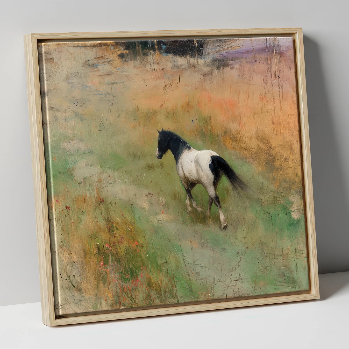 Wandering Piebald horse landscape canvas wall art in natural frame