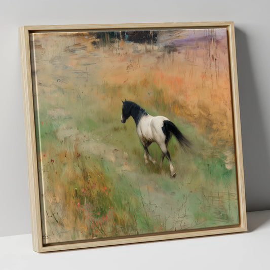 Wandering Piebald horse landscape canvas wall art in natural frame