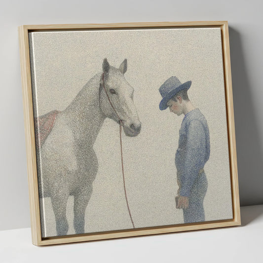 Grey Western Horse and Cowboy western horse canvas wall art in natural frame