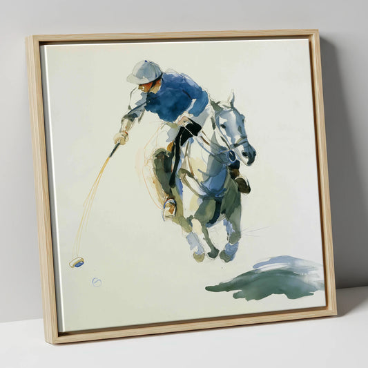 The Decisive Downward Swing polo horse canvas wall art in natural frame