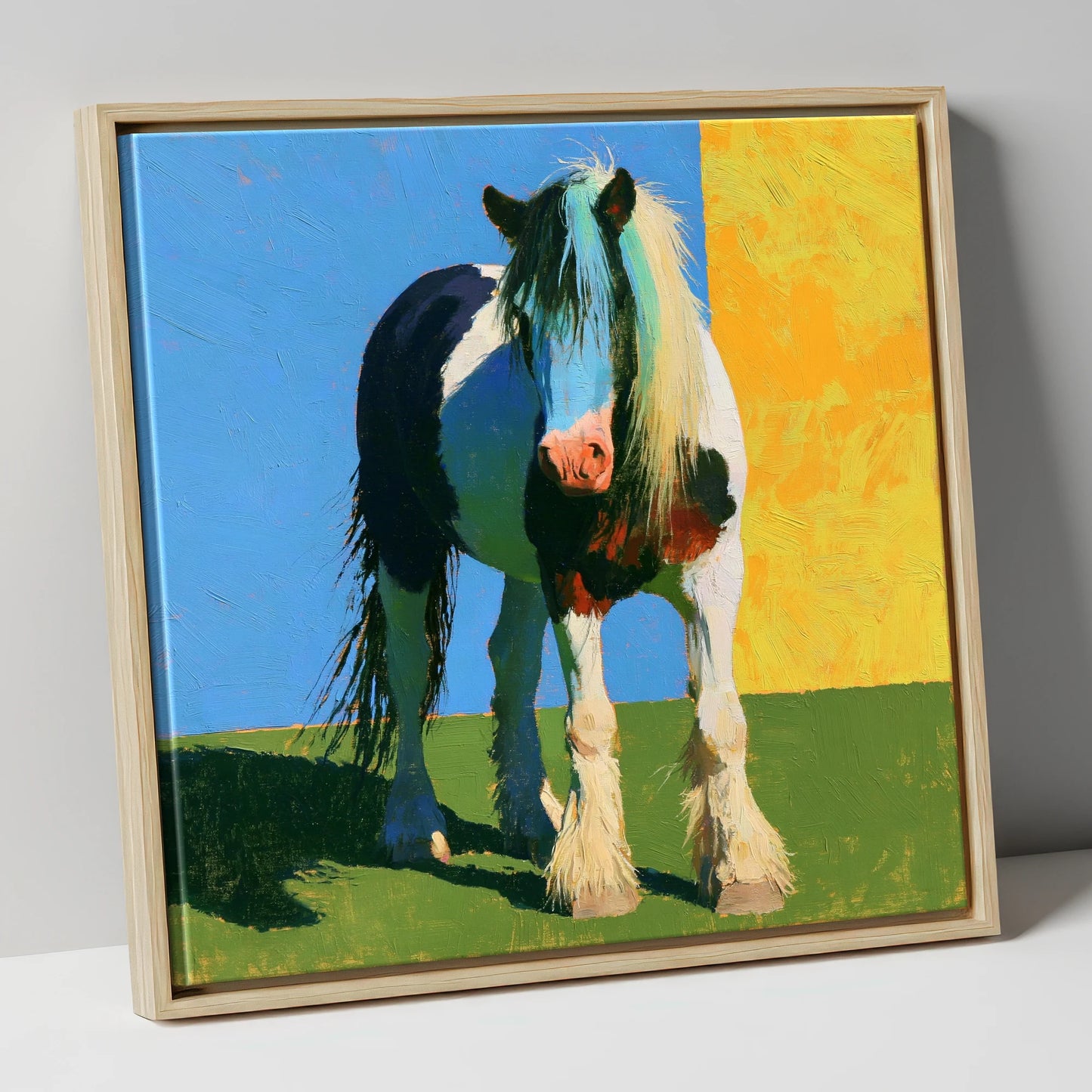 Piebald Cob in Vibrant Sun horse breed canvas wall art in natural frame