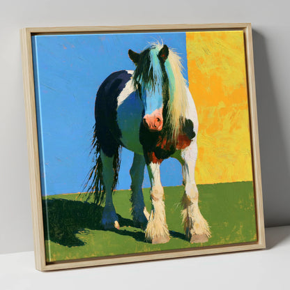 Piebald Cob in Vibrant Sun horse breed canvas wall art in natural frame