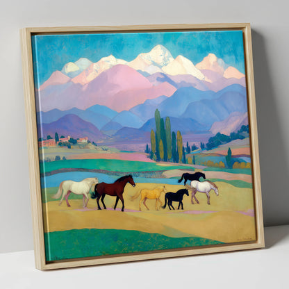 Vibrant Alpine Herd horse landscape canvas wall art in natural frame