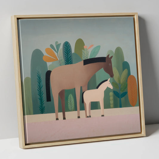 Tranquil Grove mare & foal canvas wall art in natural frame