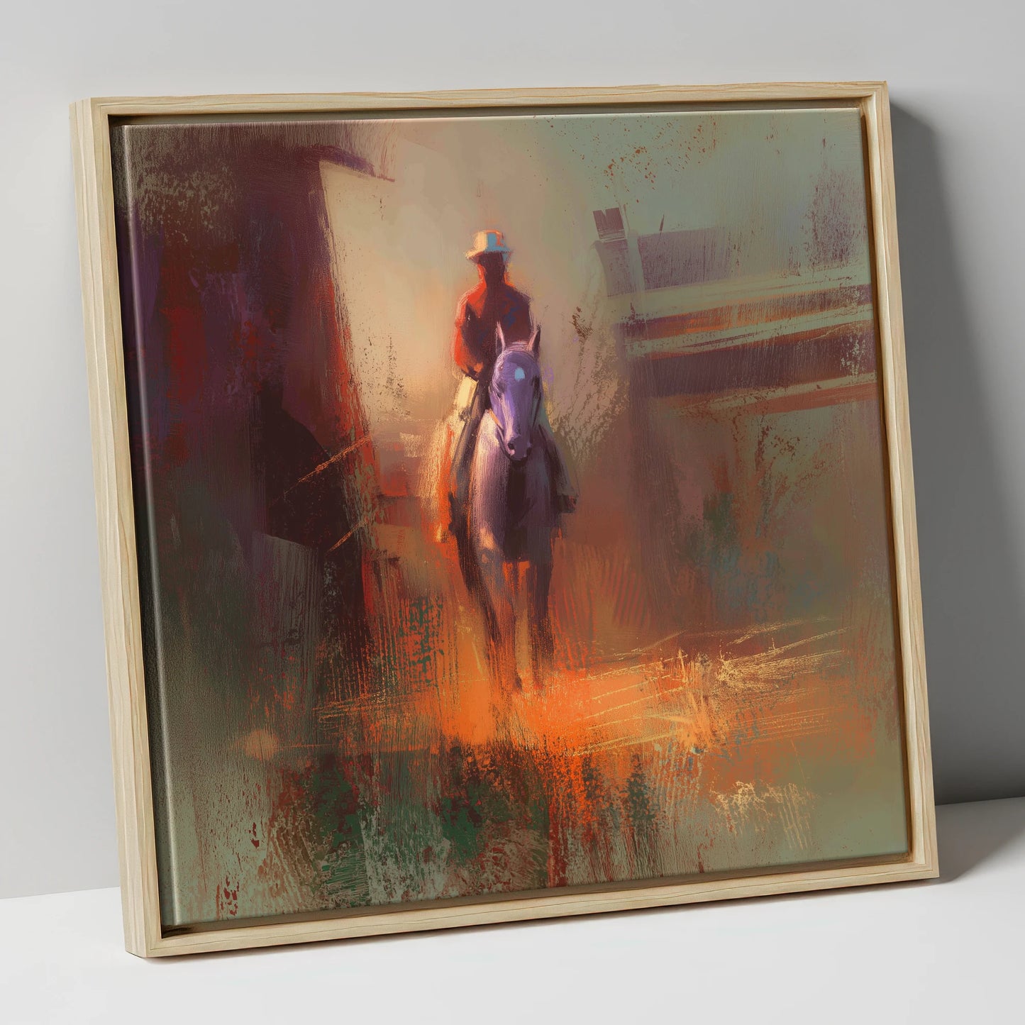 First Light Rider racing horse canvas wall art in natural frame
