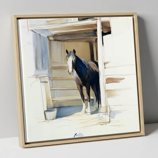 At the Stable Door horse stable canvas wall art in natural frame
