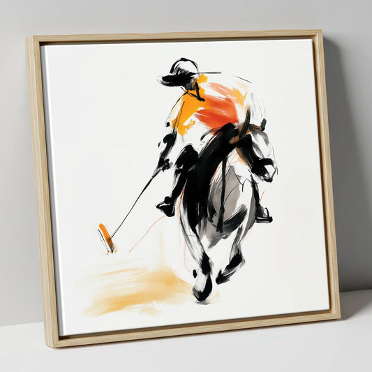 Amber Strike polo horse canvas wall art in natural frame