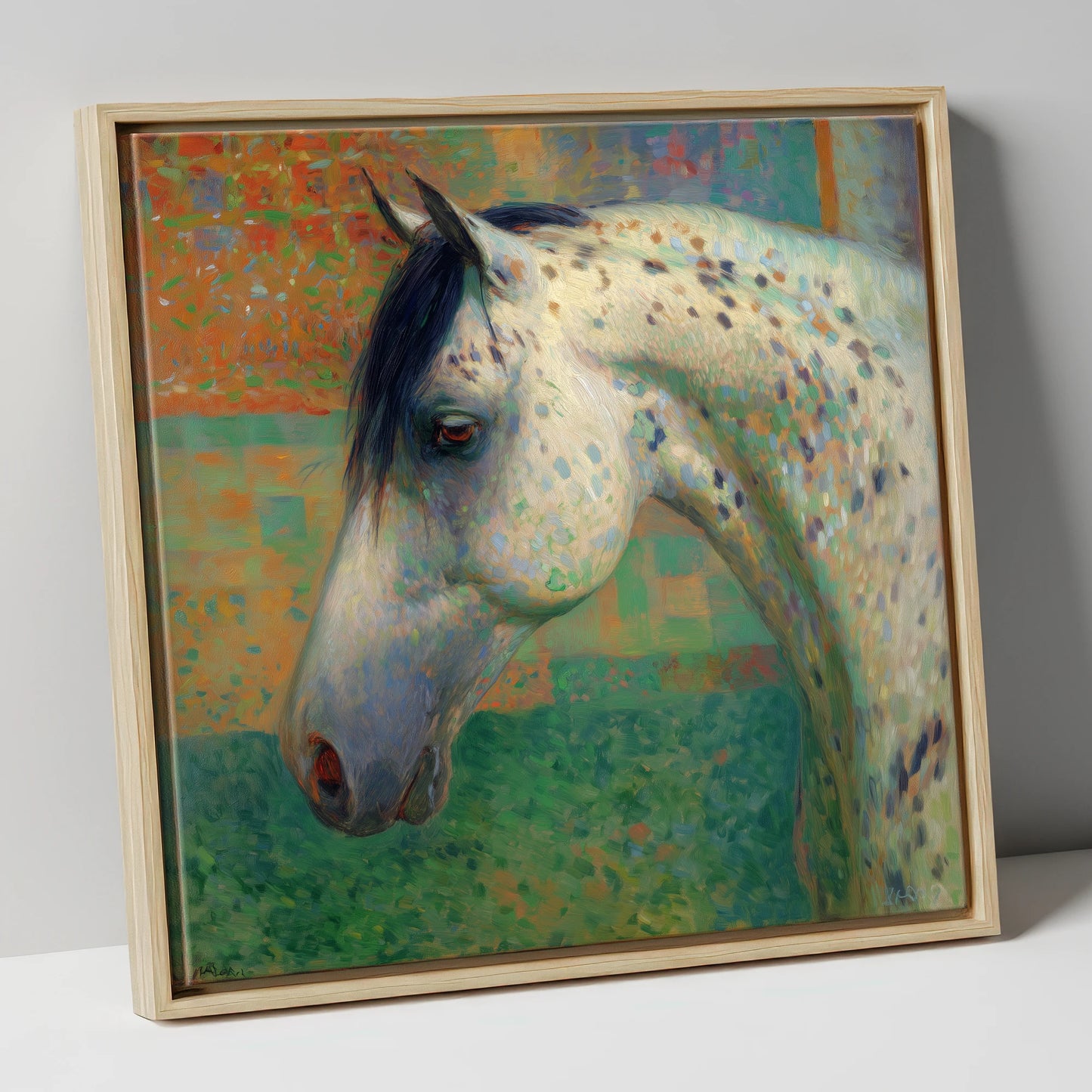 Vibrant Spotted Portrait horse breed canvas wall art in natural frame
