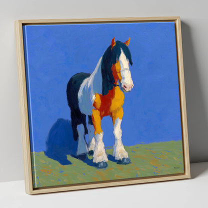 Sunlit Coloured Cob horse breed canvas wall art in natural frame