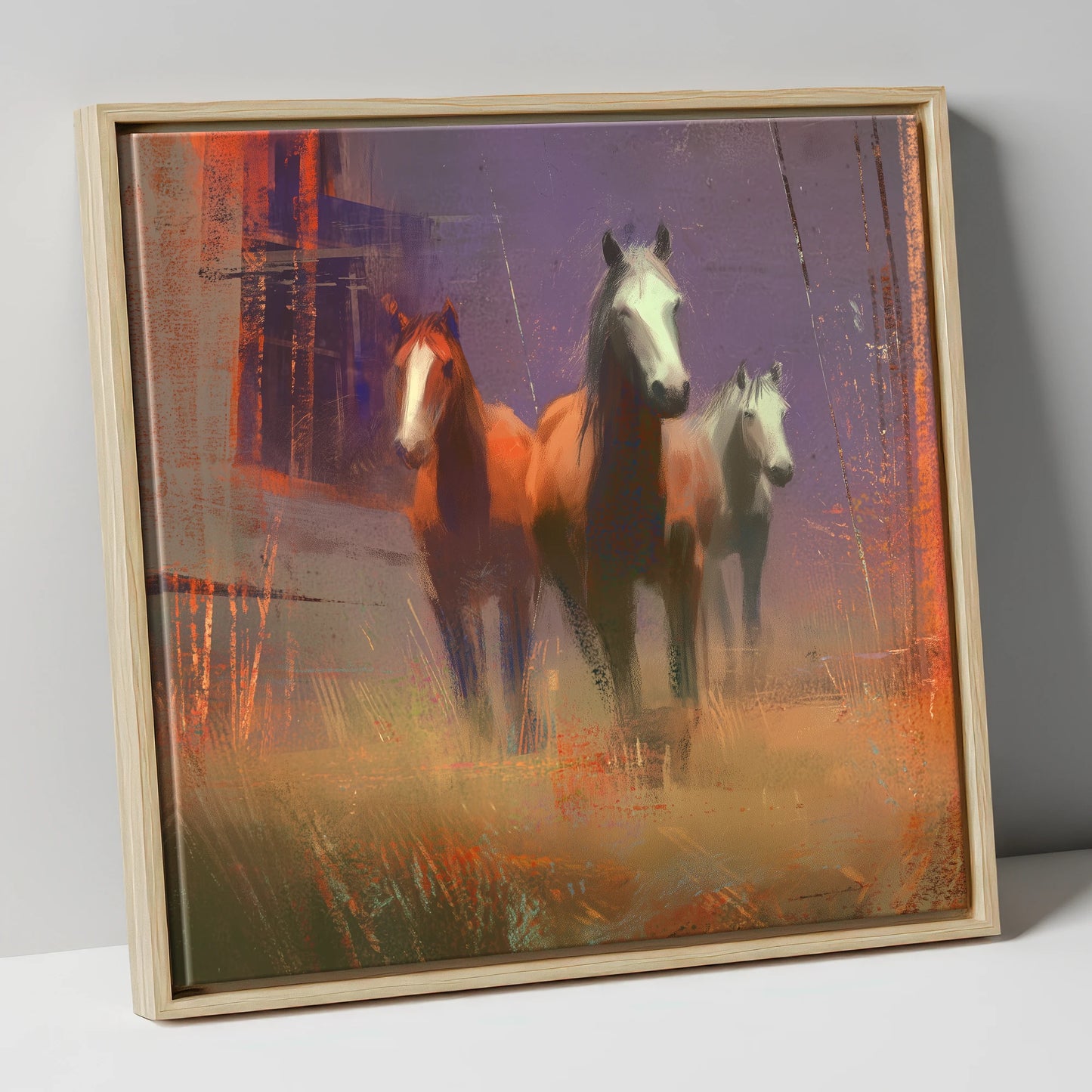 Haze and Embers wild horses canvas wall art in natural frame