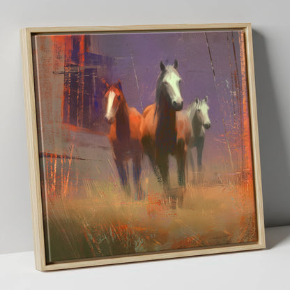 Haze and Embers wild horses canvas wall art in natural frame
