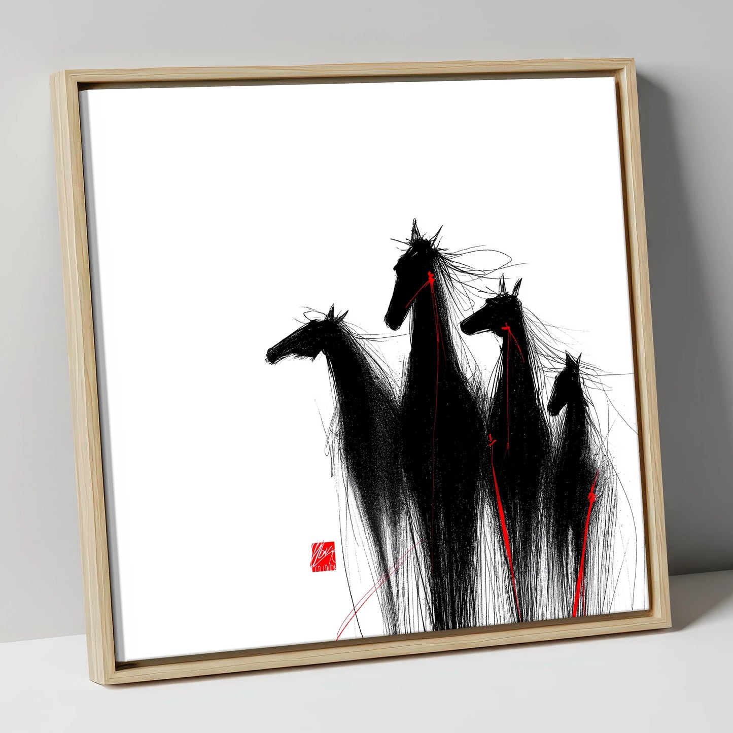 Crimson Thread Herd wild horses canvas wall art in natural frame