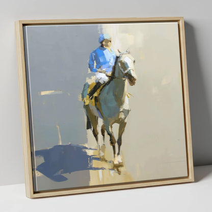 Blue Silks and Shadows racing horse canvas wall art in natural frame