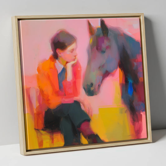Vivid Connection horse & rider canvas wall art in natural frame