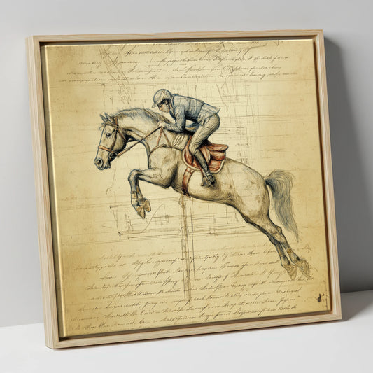 The Scholar's Jump show jumping horse canvas wall art in natural frame