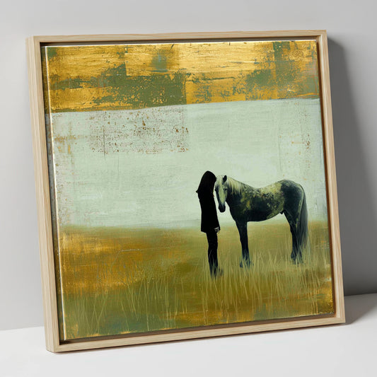 Silent Understanding horse & rider canvas wall art in natural frame