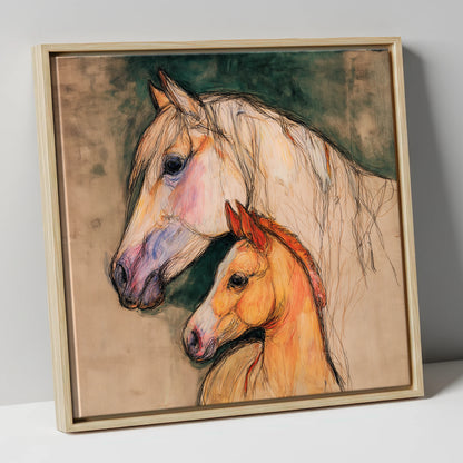 Quiet Devotion mare & foal canvas wall art in natural frame