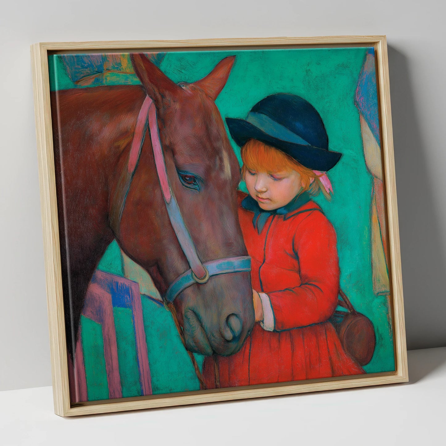 The Gentle Introduction horse & rider canvas wall art in natural frame
